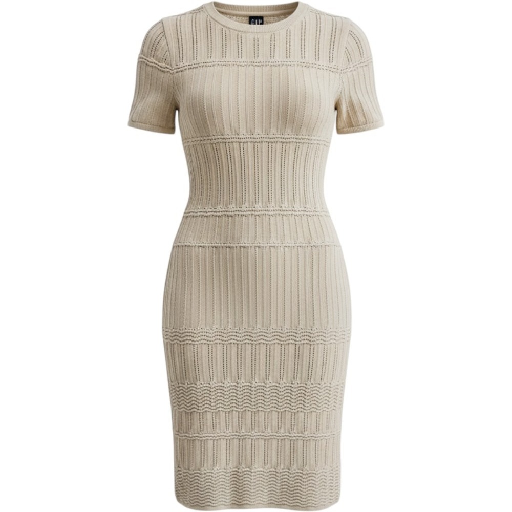 Gap Womens Beige Pointelle Knit Short Sleeve Crew Neck Sweater Dress Small Tall